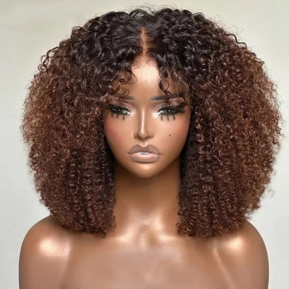 Ombre Brown Human Hair Bleached Knots Wigs Short Bob Kinky Curly Invisible HD Transparent 13X4 Glueless Lace Front Glueless Brazilian Human Hair Bob Wig with Natural Sparse Bangs 180 Density