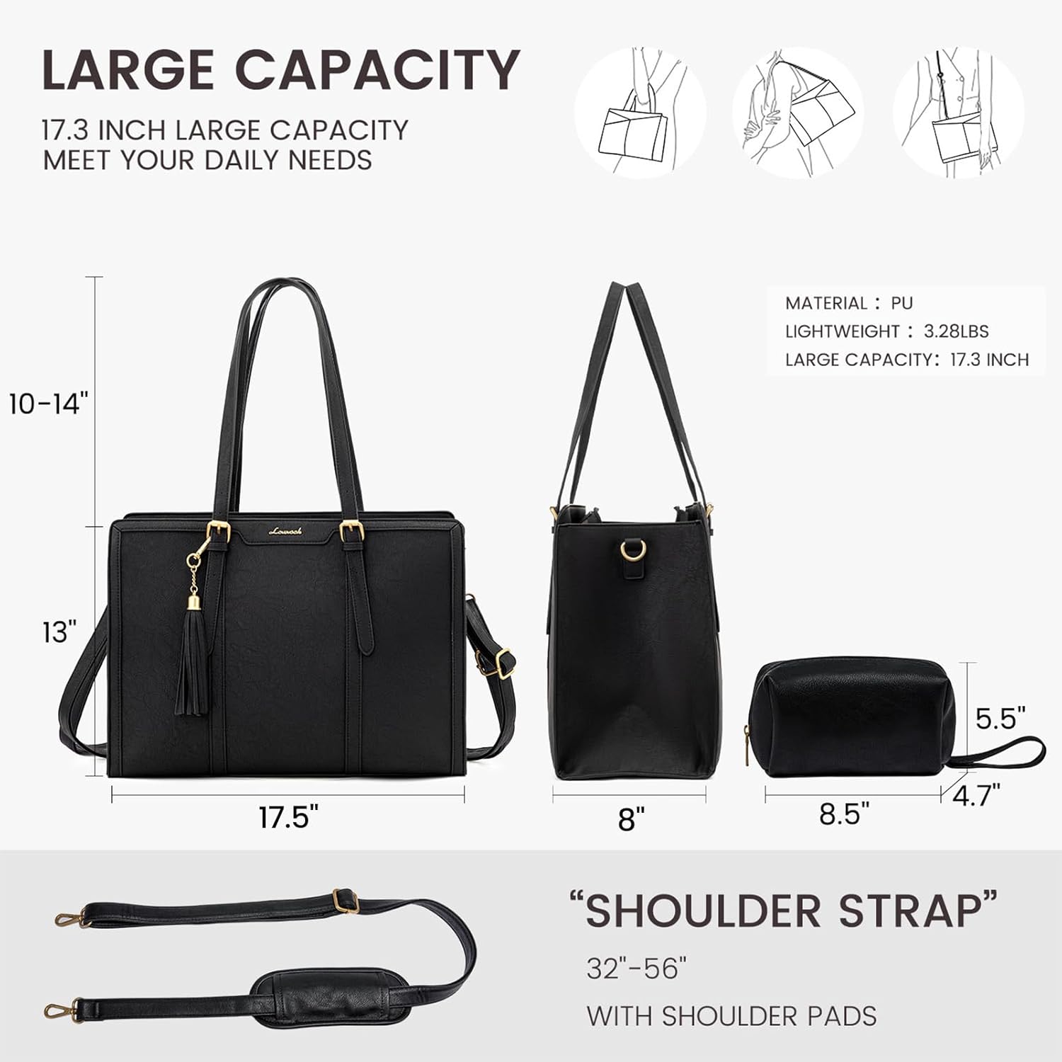 LOVEVOOK Laptop Bag for Women Vintage Leather Laptop Tote 17.3 inch Large Capacity Computer bag with Clutch Purse for Work - Image 3