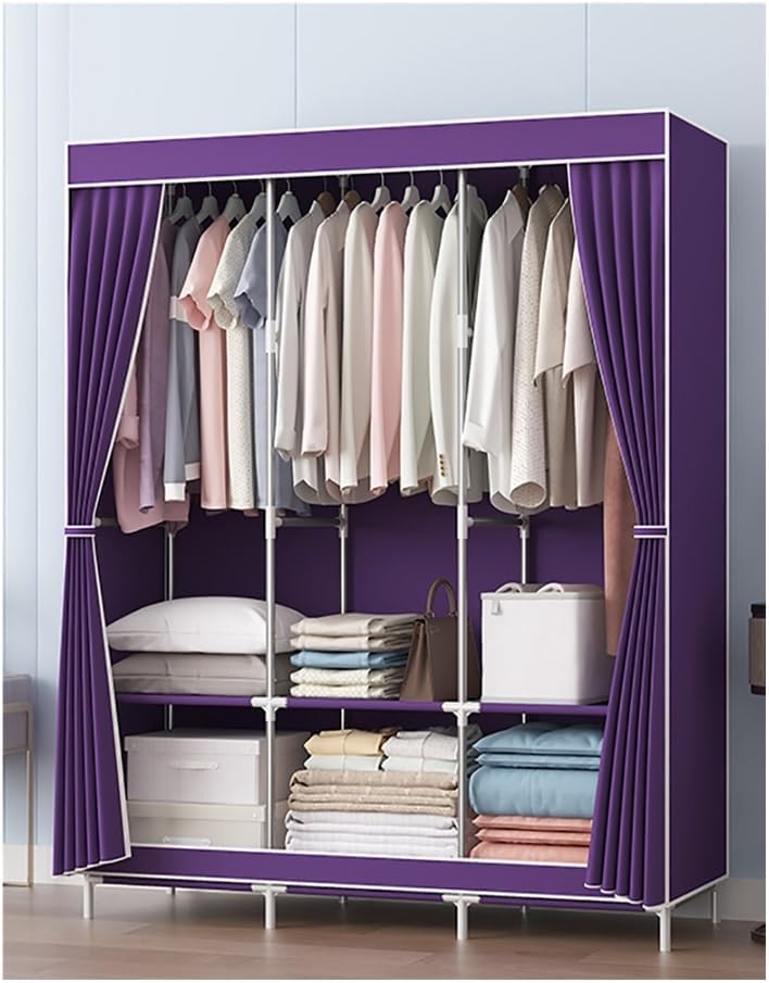 Portable Wardrobe Closet Non-Woven Fabric Cover Standing Closet Medium Heavy Duty Covered Bedroom Armoires Closet Rack (Color : Purple)