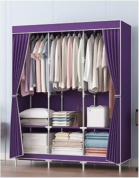 Portable Wardrobe Closet Non-Woven Fabric Cover Standing Closet Medium Heavy Duty Covered Bedroom Armoires Closet Rack Color Purple