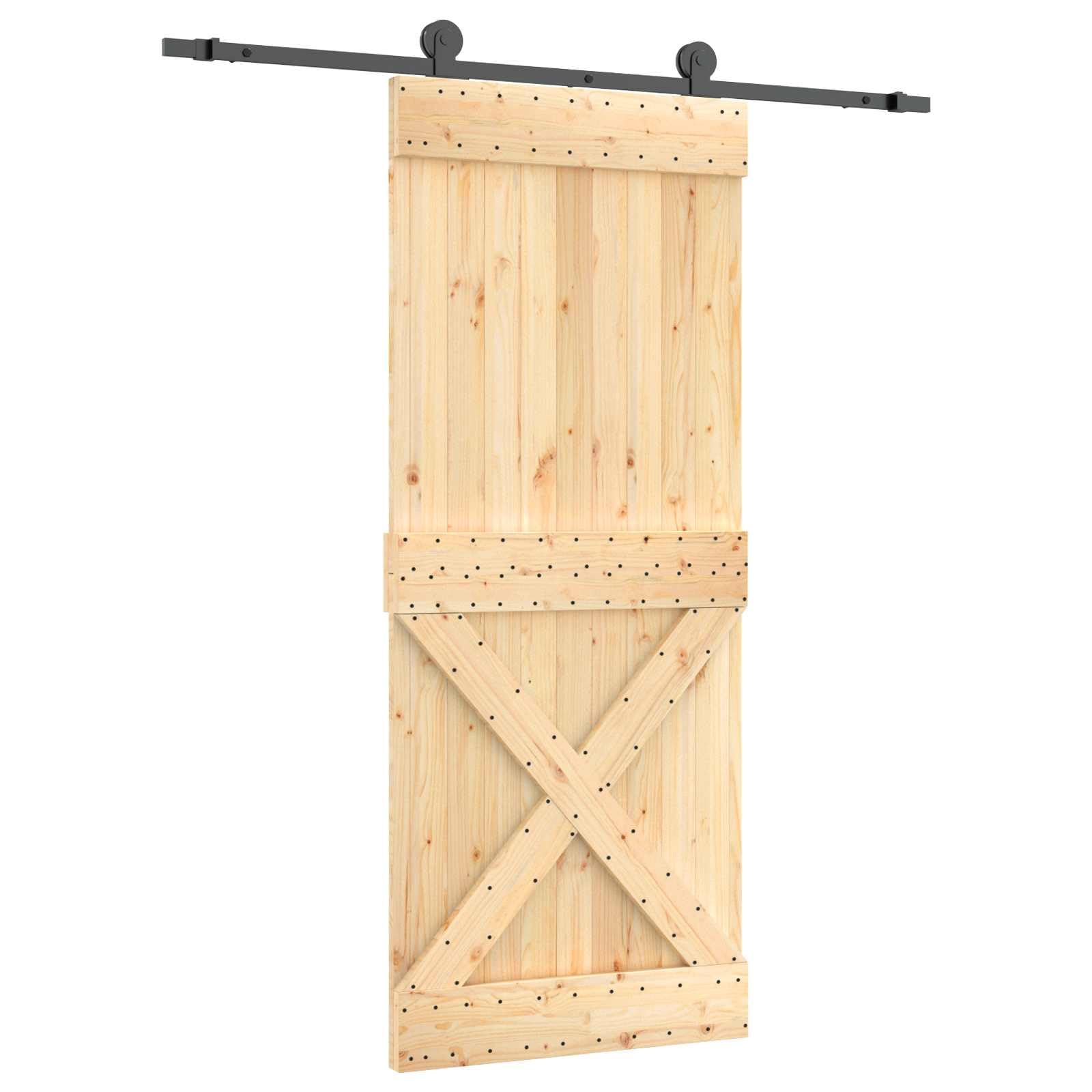Porta scorrevole naturale e nera, 85 x 210 cm | Legno di pino massiccio, binario in acciaio, meccanismo superiore, salvaspazio