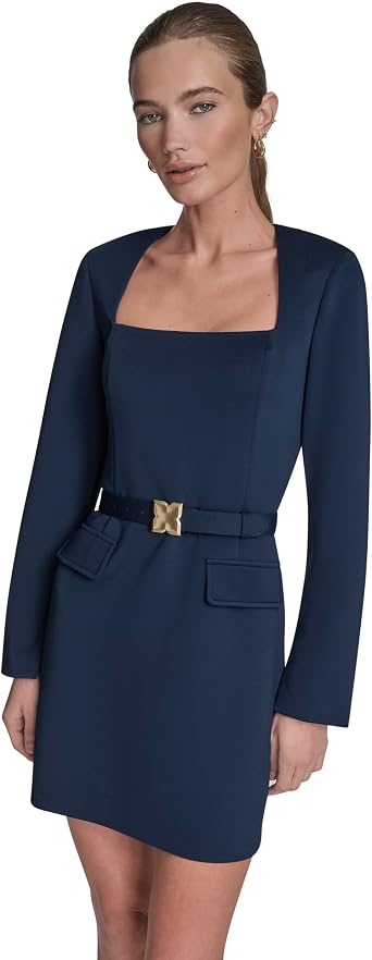 BCBG Womens Long Sleeve Square Neck Belted Structured A-line Mini Dress