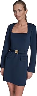 Women's Long Sleeve Square Neck Belted Structured A-line Mini Dress