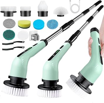 Household Cleaning Brushes, Electric Scrubber for Cleaning, 10-in-1 Electric Spin Scrubber, Cleaning Brush with 9pcs Replaceable Brush Heads, Adjustable Handle, Spin Scrubber for Bathroom Green