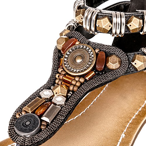 Icker Women's Ankle Strappy Gladiator Sandals Beach Bohemia Thong Flat Sandal Shoes 0989-Black-8.5 #TOP2