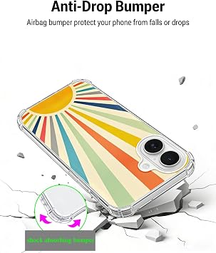 レトロ 70年代 サン スマホケース iPhone 17、ミッドセンチュリー 美的 ミニマリスト カラフル サンバースト フォンカバー、iPhone 17用、TPU フォンカバーケース