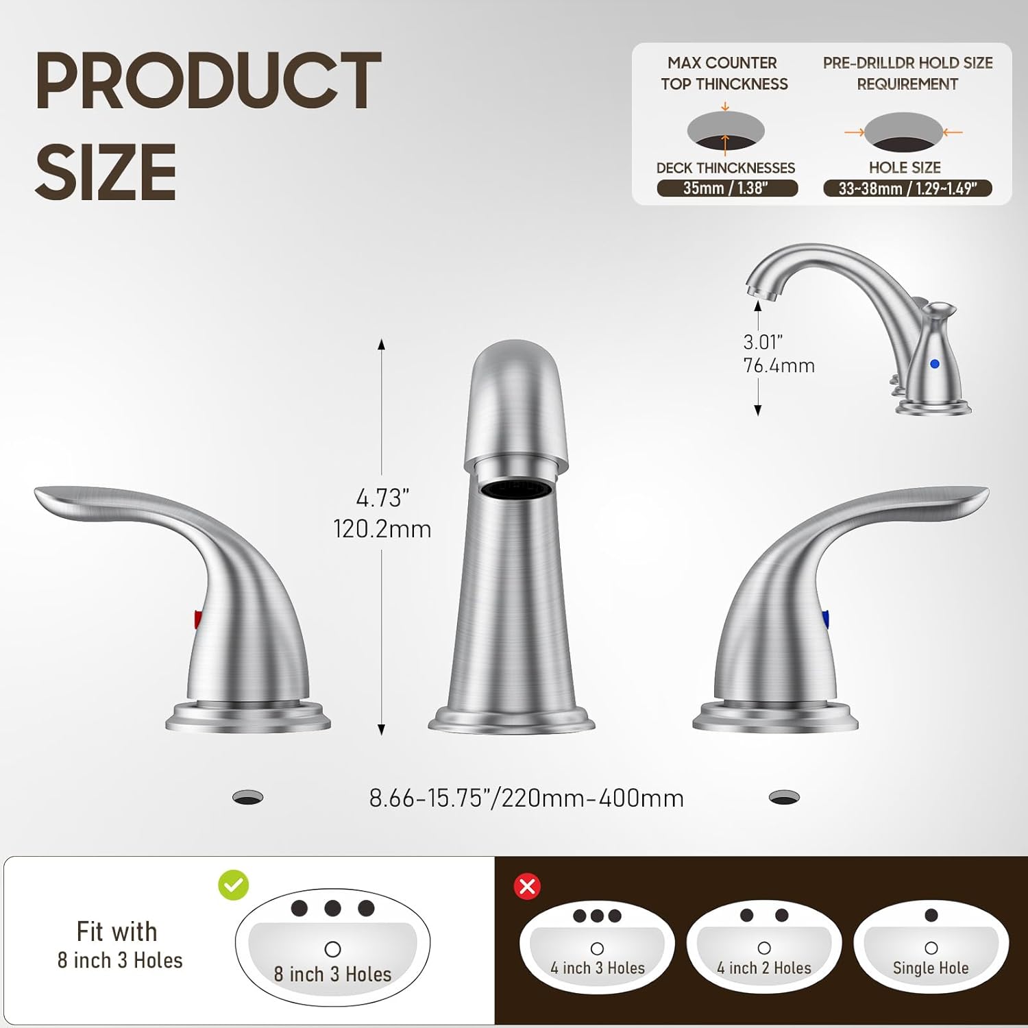 Phiestina 8 Inch 2 Handles 3 Holes Deck Mount Brushed Nickel Widespread Bathroom Faucet, with Stainless Steel Pop Up Drain, WF008-5-BN - Image 3