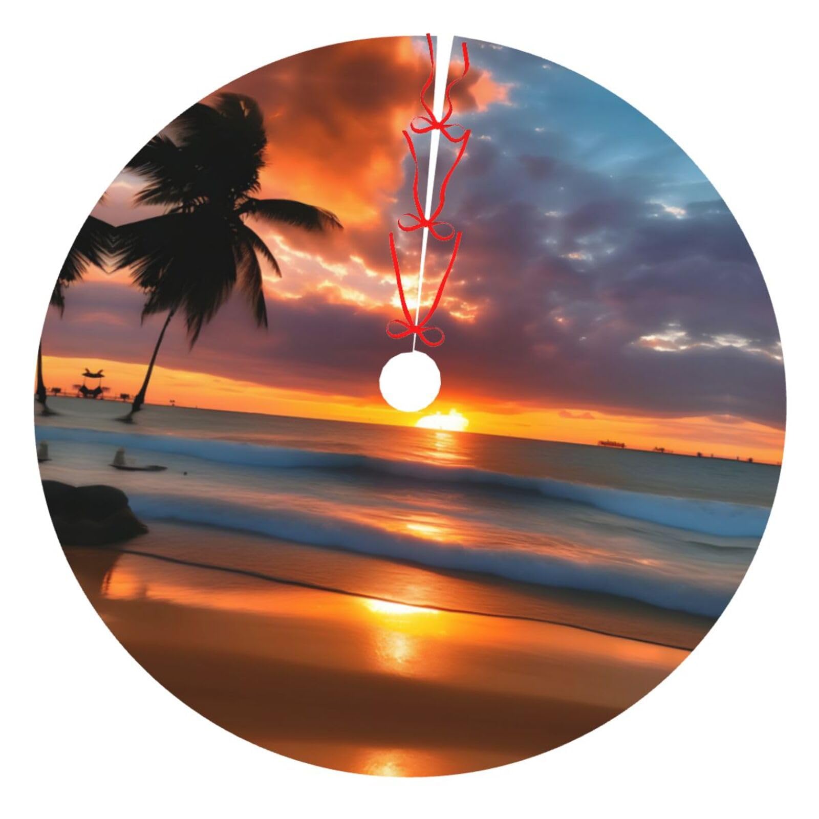 Jupe de sapin de Noël imprimé plage et coucher de soleil pour tapis de fête extérieur