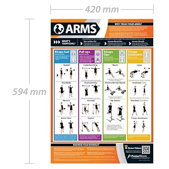 Arms Exercise | Full Arms Workout | Improves Strength Training | Laminated Gym and Home Poster | Includes Online Video Training Support | Size - 594mm x 420mm (A2) | Improves Personal Fitness