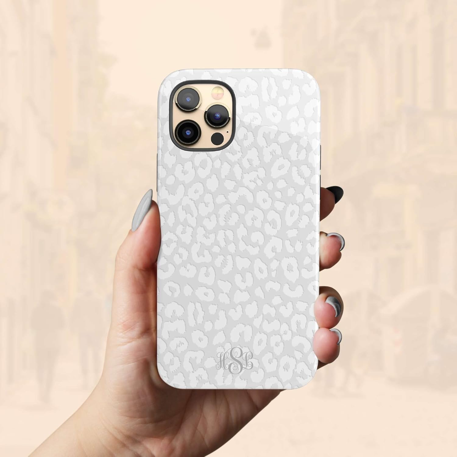 Custom Initials Monogram White Leopard Case, MagSafe Compatible Magnetic Personalized Name Case, Compatible with iPhone 17 Air, 16 Pro Max, 15 Plus, 14, 13 Mini, 12, 11, X/XS Max, XR - V2