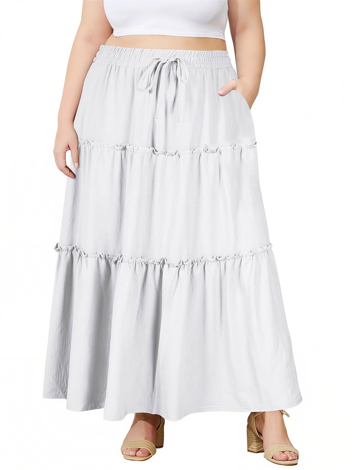 Photo 1 of Moon Wood Plus Size Maxi Skirts for Women Trendy Long Flowy Boho Tiered Skirt Renaissance Summer Beach Skirt with Pockets White