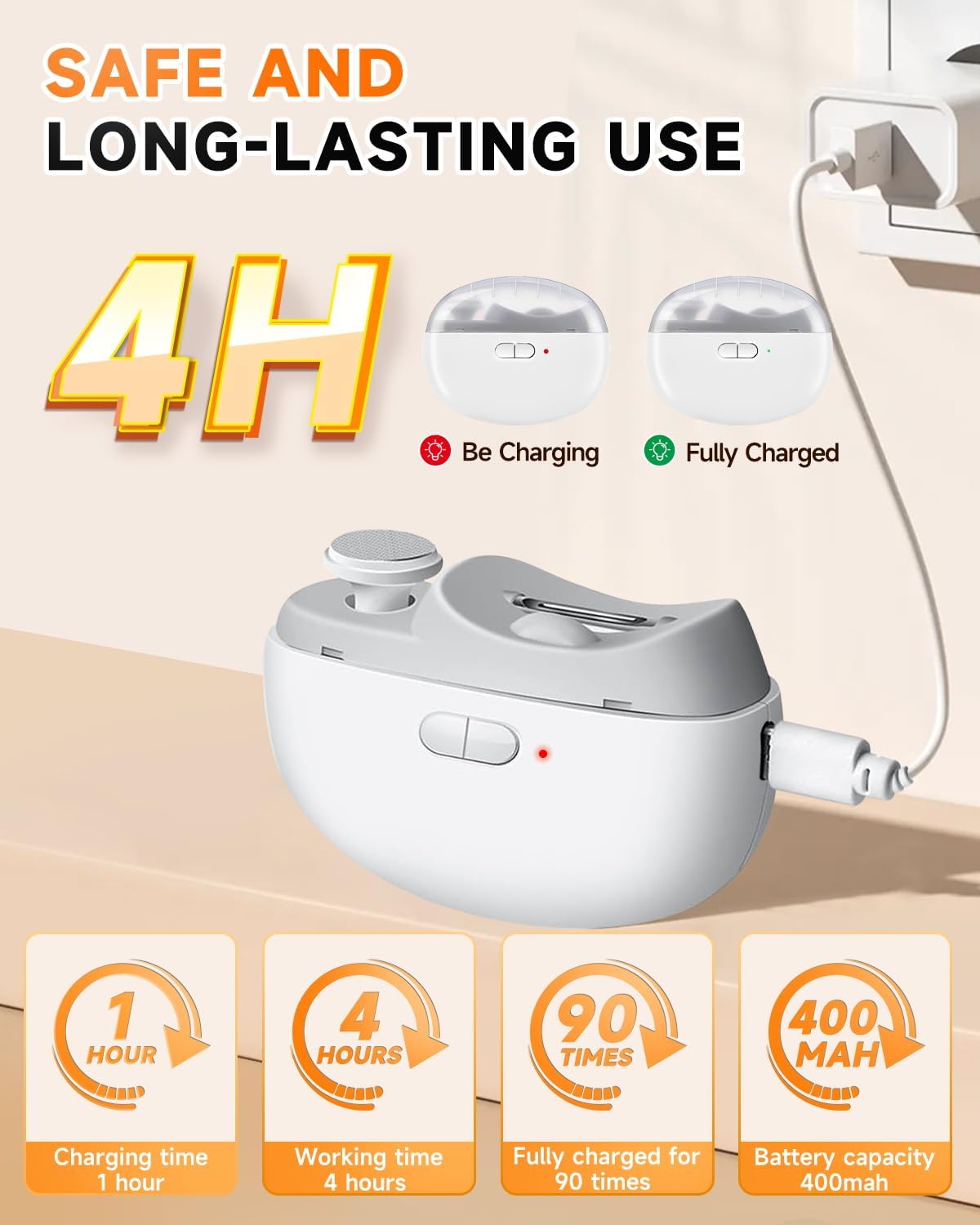 Electric Automatic Nail Clipper, 2 in 1 Nail Trimmer and Polisher with Light & 2 Speeds, USB Rechargeable Safety Fingernail Trimmer for Baby, Kids, Seniors and Adult (White) image 4