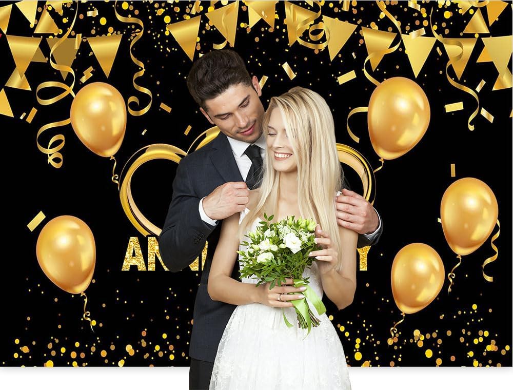 Avezano 7x5 Happy Anniversary Backdrop Anniversary Party Backdrop Glitter Gold Heart Photography Background Wedding Anniversary Bridal Shower Party Banner Decorations