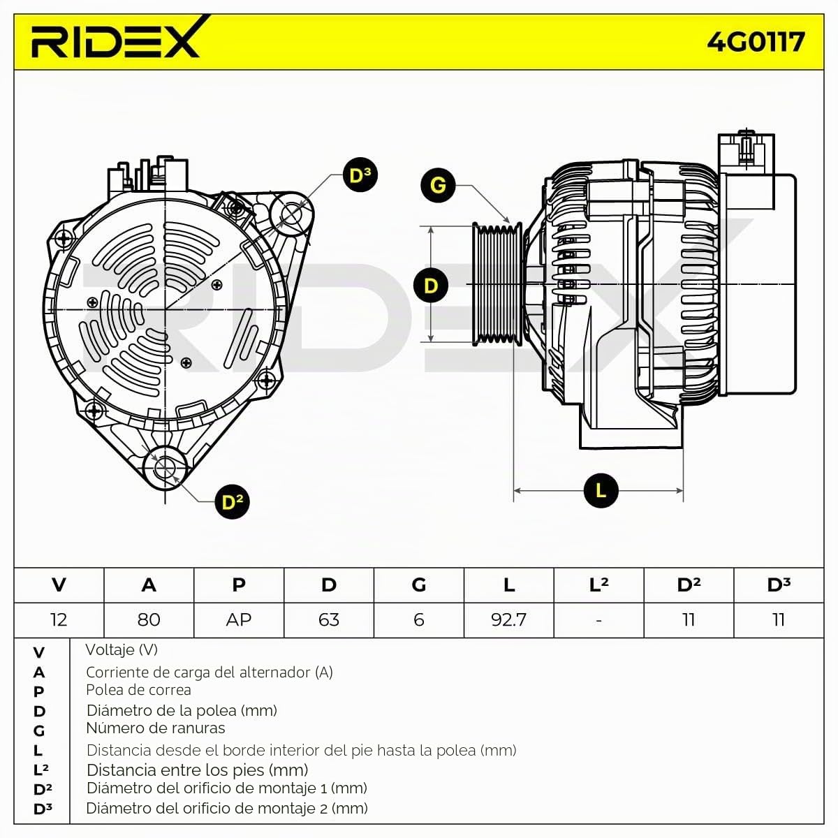 RIDEX 4G0117 Alternador Compatible con CITROËN Berlingo/Berlingo First I MF, GJK, GFK