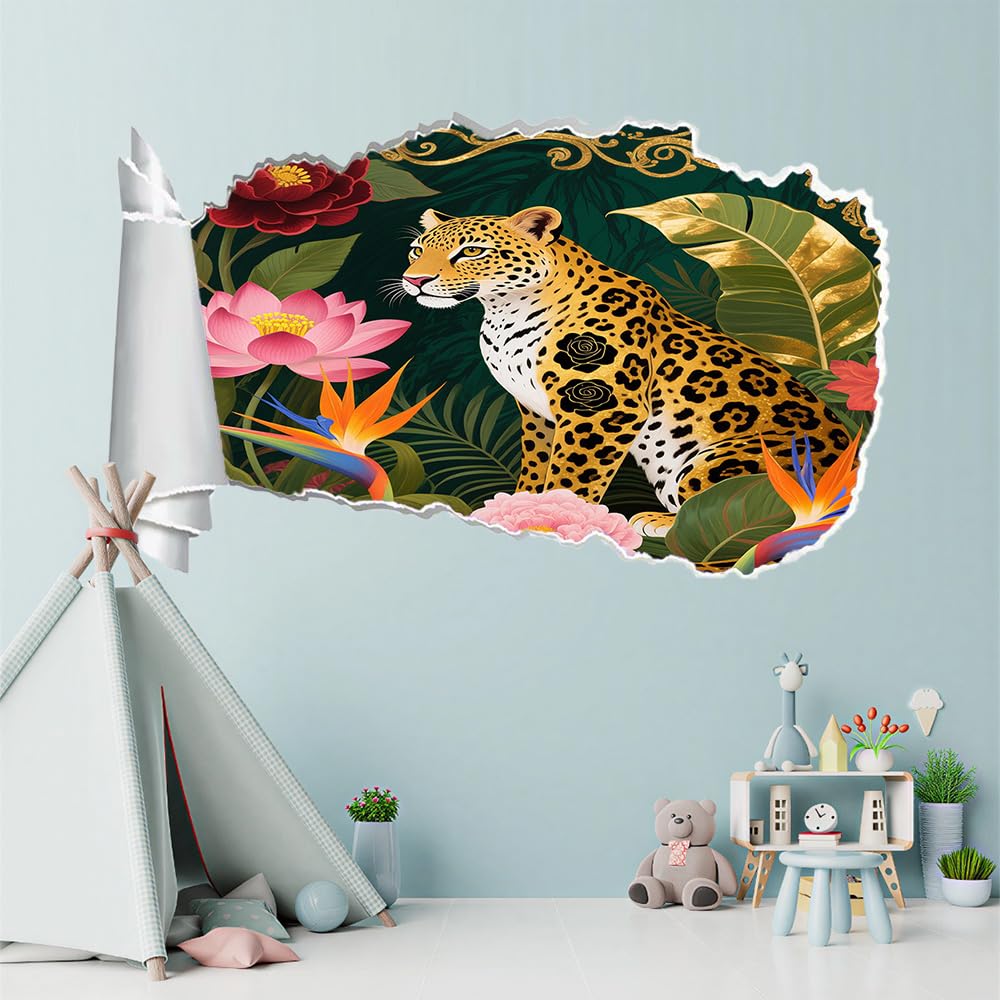 3D Wandtattoo Durchbruch Wanddeko Leoparden Wanddurchbruch sticker Wandbild Wandsticker Lotusblätter Und -Pflanzen Wohnzimmer Wanddeko Wandaufkleber für Kinderzimmer Teenager Zimmer