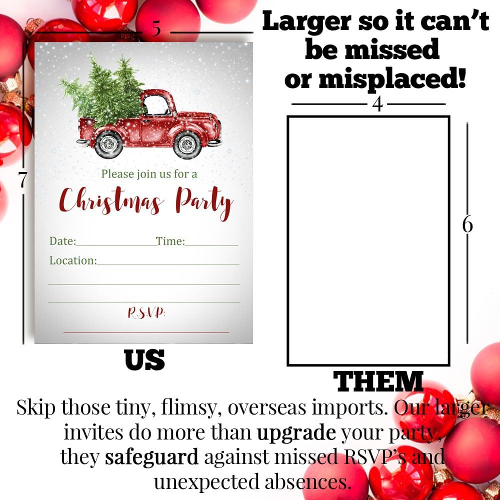 Christmas Invitations with Envelopes – Snowy Watercolor Christmas Truck with Trees, 20 Pack 5x7 Double Sided Fill-In Invite Cards with Twenty White Envelopes Perfect for Holiday Parties