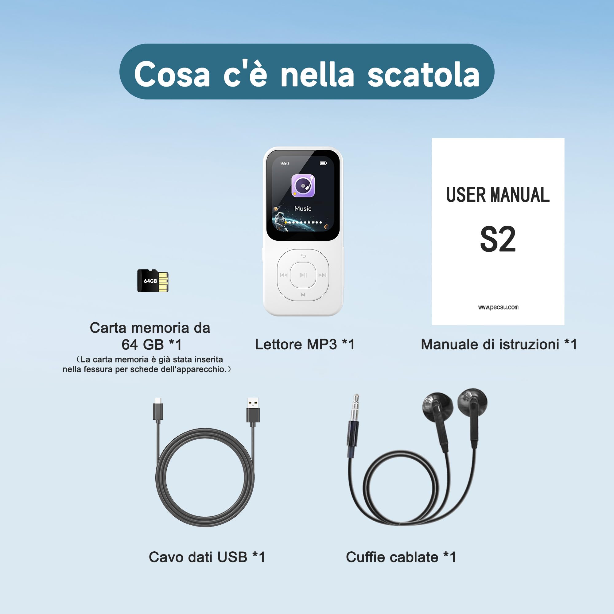 Lettore MP3 da 64GB con Bluetooth 5.3, Lettore musicale PECSU schermo HD con altoparlante, Radio FM, Registratore vocale, Suono HiFi, E-book, Cuffie incluse (Bianco)