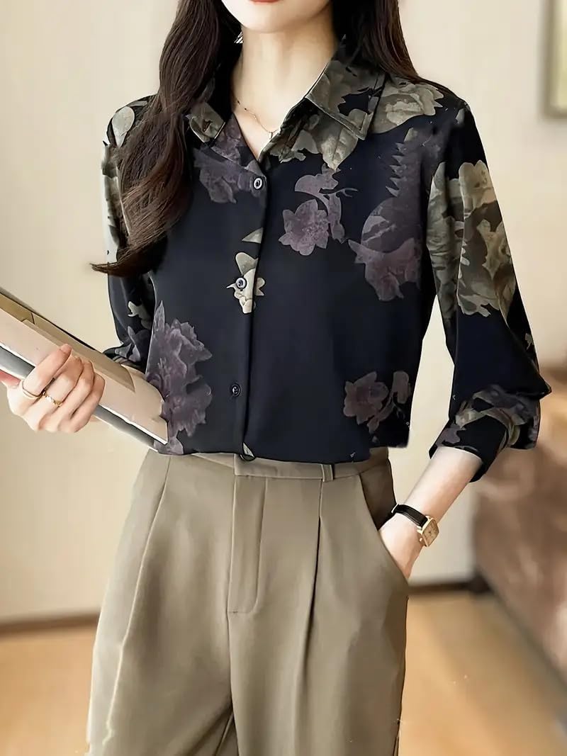 Printed Button Down Satin Blouses for Women Dressy Casual Long Sleeve Shirts Fashion Tops (WS301-P) - Image 2