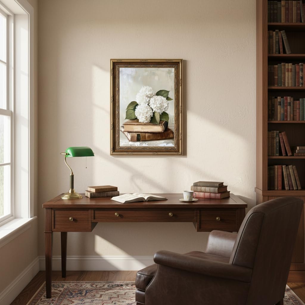 Gold Vintage Framed Floral Book Wall Art Rustic Bookish Hydrangea Painting Picture Wall Decor Elegant Cottage Flowers Poster Print Artwork for Library Reading Room Nook Corner Classroom Home Decoration