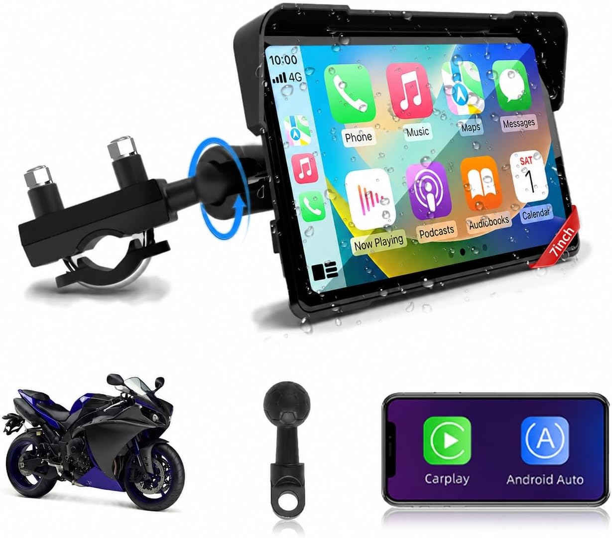 Jansite 7 Pulgadas Carplay Moto Android Auto GPS Moto Navegador con Doble Bluetooth Impermeable IP67 Tarjeta Carplay para Moto Siri/Google/Navi