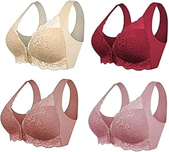 5D Beauty Back Sports Comfy Bra, Plus Size Wireless Front Closure Lace Bra 4PCS-E,L