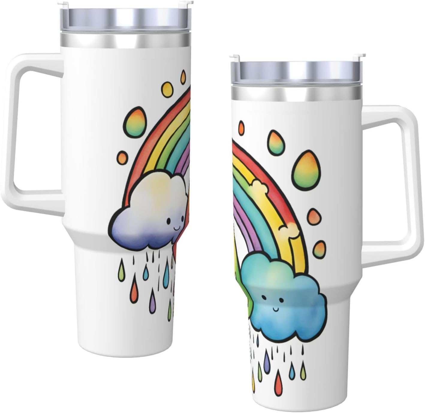 40 OZ Rainbow Clouds Raindrop 1 Print Ice Bully Cup with Handle Straw Lid Straw,Stainless Steel Tumbler Coffee Cup