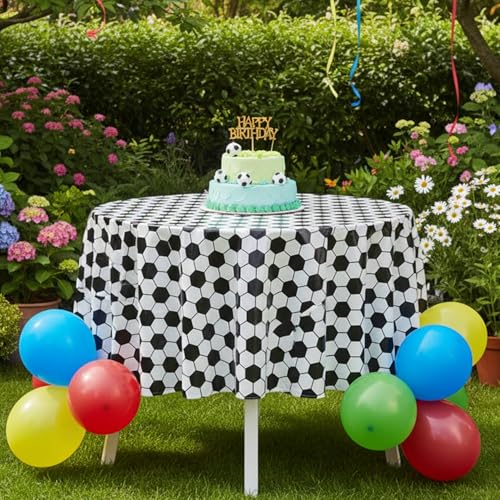 SpinLaLa 3-Piece 84 x 84 Inch Soccer Plastic Tablecloth – Black and White Soccer Ball Pattern Round Disposable Table Covers for Soccer Matches, Game Day Parties, Team Events, and Sports Celebrations - Thumbnail 4