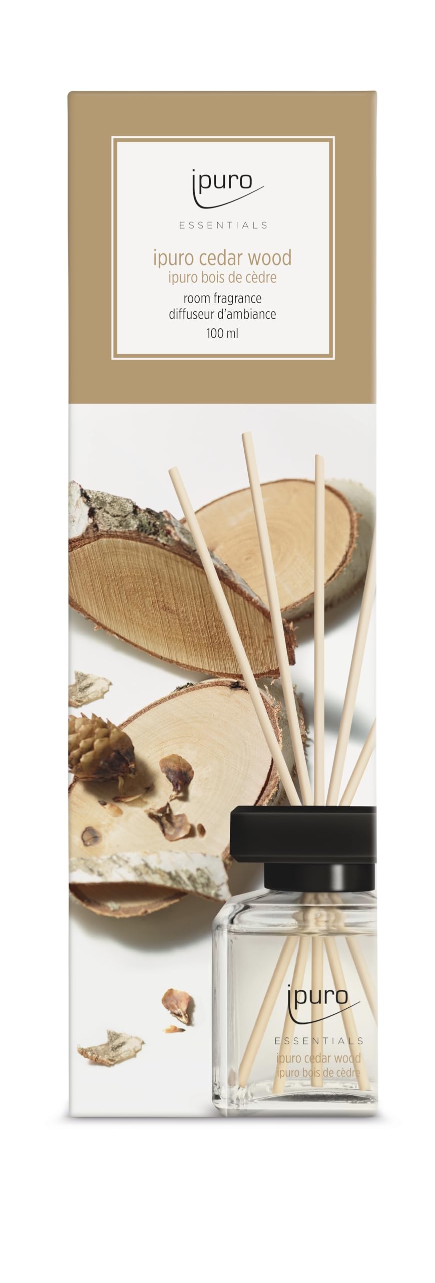 ipuro - Parfum d'ambiance Essentials Bois de cèdre 50 ml | Désodorisant d'ambiance avec parfum orange, citron, romarin, ylang-ylang, bois de santal et vanille | Diffuseur avec bâtons | Désodorisant