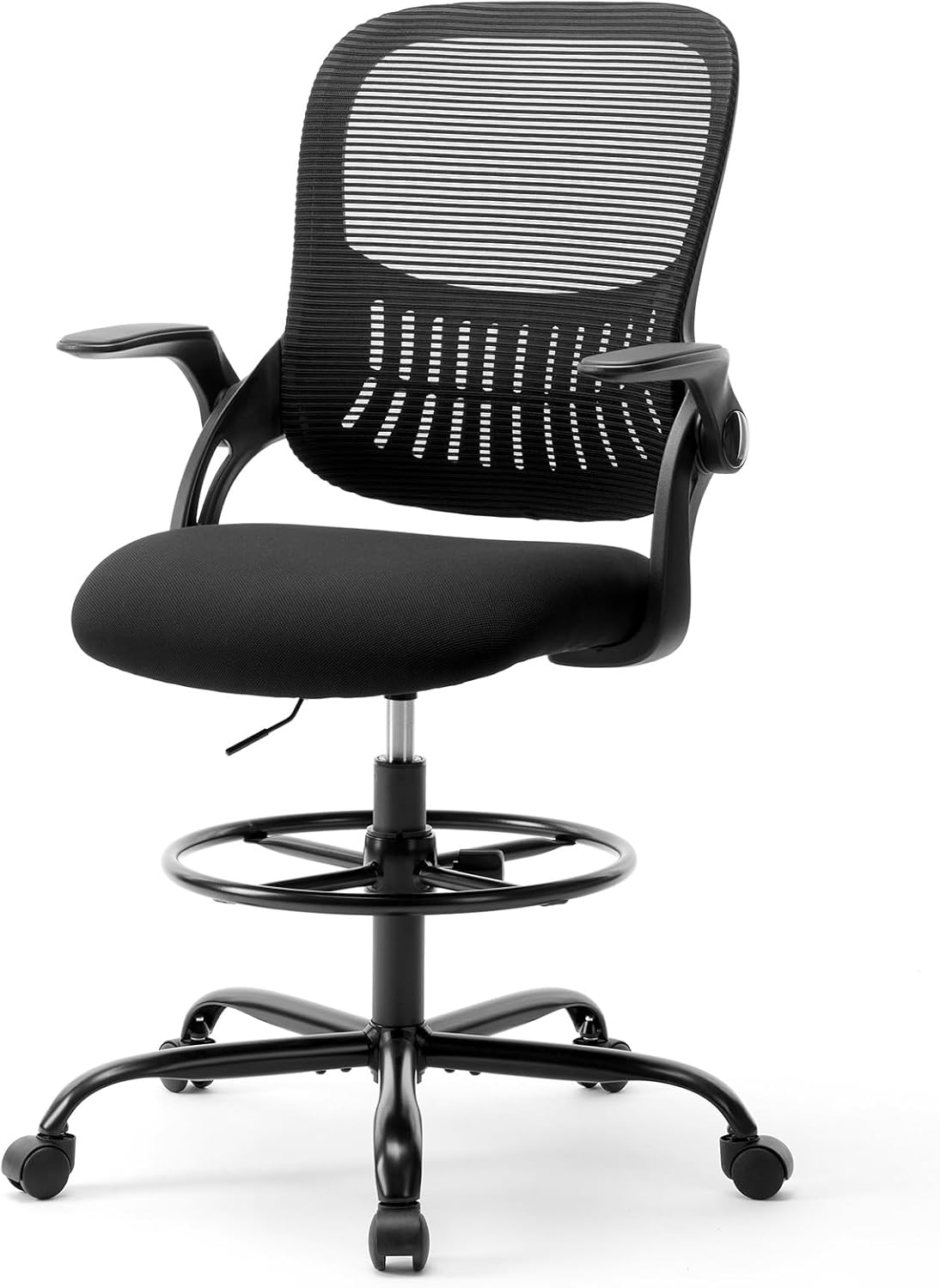 DUMOS Tall Drafting Chair with Flip-up Arms - Adjustable Ergonomic Mesh Standing Desk Chair, Counter Height Black