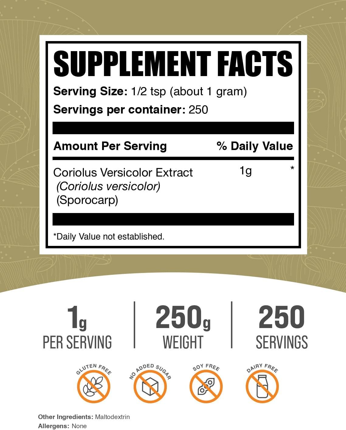 BulkSupplements.com Turkey Tail Mushroom Extract Powder - Coriolus Versicolor Extract, Mushroom Supplement - Vegan & Gluten Free, 1g per Serving, 250g (8.8 oz) (Pack of 1) - Image 2