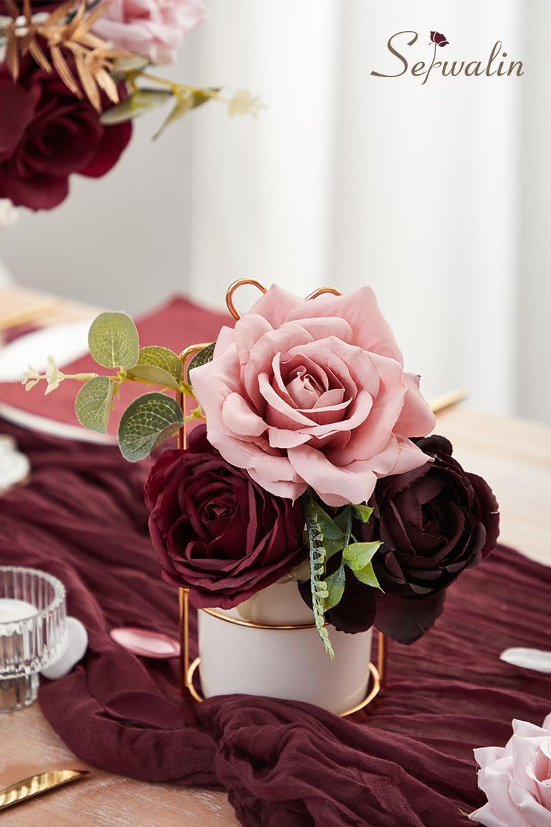 Serwalin Artificial Flowers Wedding Flowers, Fake Burgundy Flowers Pink Bridal Shower Centerpieces Silk Flower, Home Decor DIY