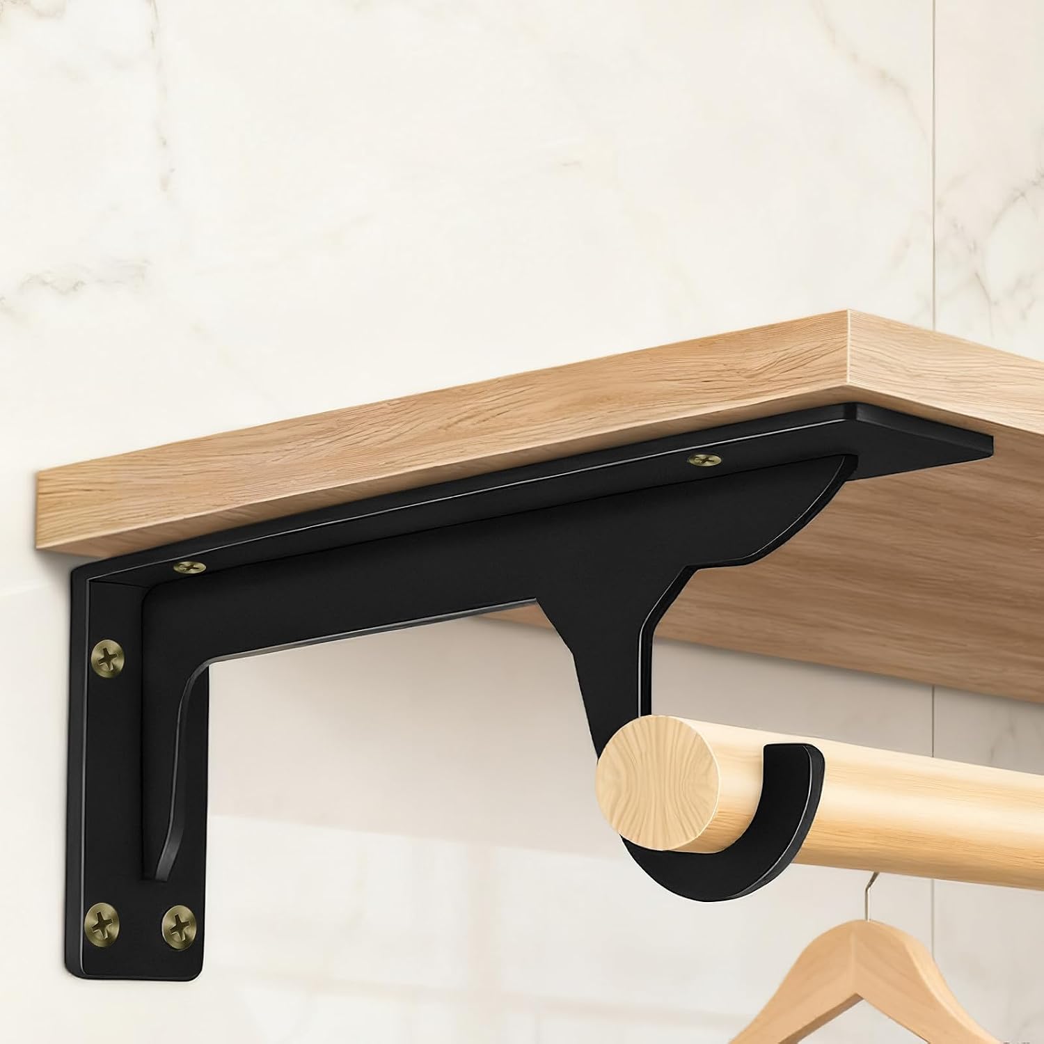Uonlytech Triangle Support Brackets for Hanging Rods Black Steel 2pcs with Integrated Hooks Space Saving Design Heavy Duty 18 Inch Suitable for Bathroom and Door Clothes Hanger