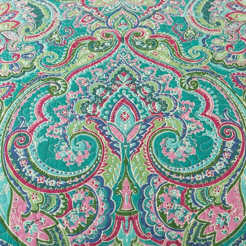 NEWLAKE Cotton Bedspread Quilt Sets-Reversible Patchwork Coverlet Set, European Teal Floral Pattern, California King Size