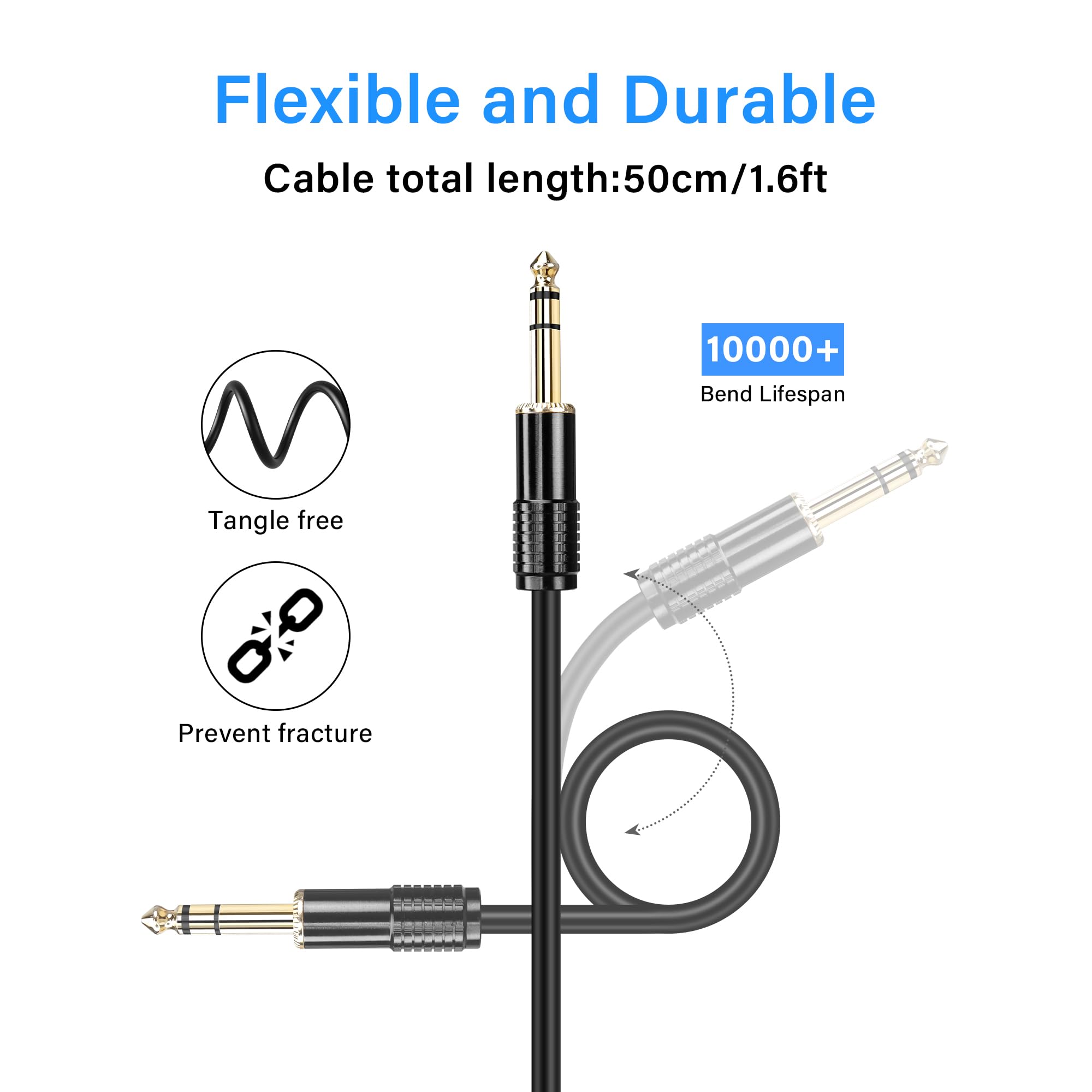 PNGKNYOCN Câble De Guitare 1/4" TRS,0.5M Plaqué Or 6.35mm 1/4" TRS Male To Male Balanced Stereo Audio Interconnect Cord For Guitar,Amplifier,Mixer,Speaker ( 0.5M