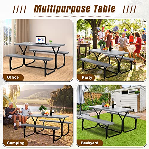 Haddockway Picnic Table Bench Set Patio Camping Table With All Weather Metal Base And Plastic Table Top Outdoor Dining Garden Deck Furniture For Adult Grey #TOP5