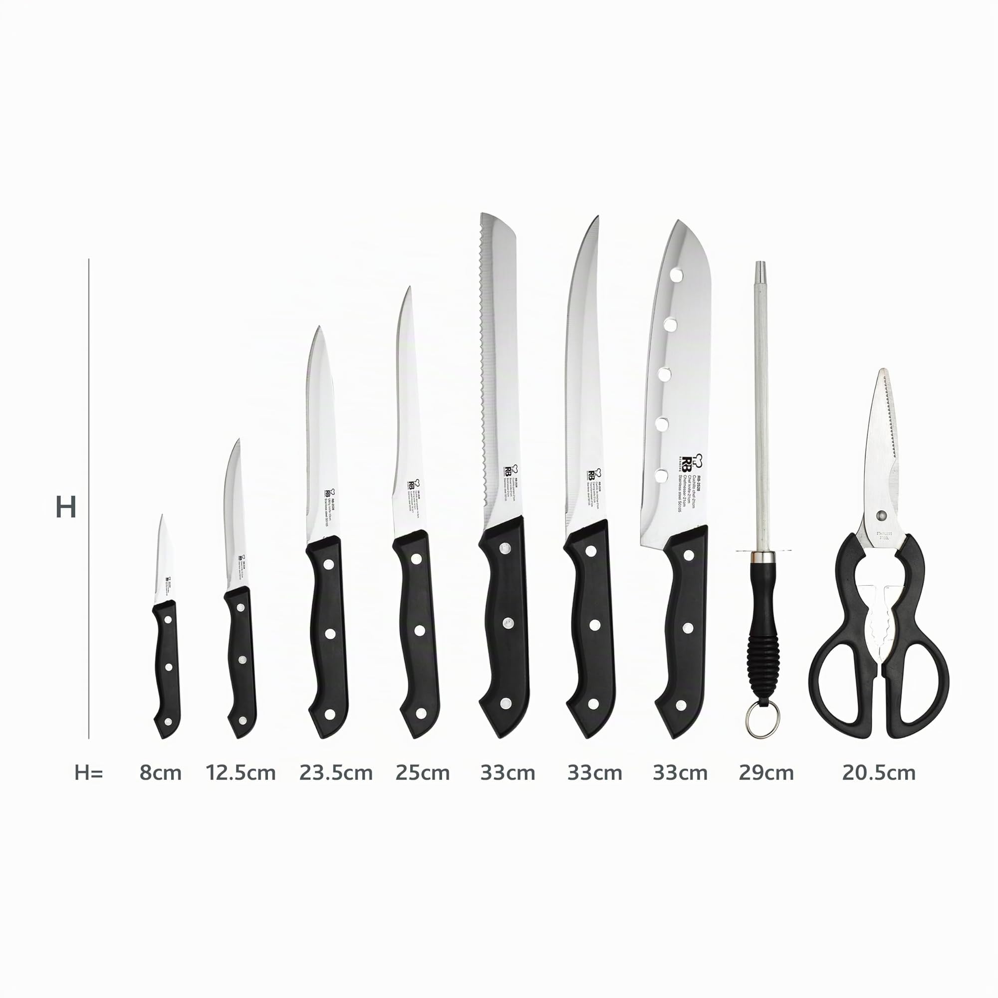 RENBERG Tenessy | Coltelli da Cucina | Set Completo di 15 Pezzi con Ceppo di Legno | Perfetti per Tagliare Ogni Ingrediente | Cucina Professionale | Fabbricati in Acciaio Inox
