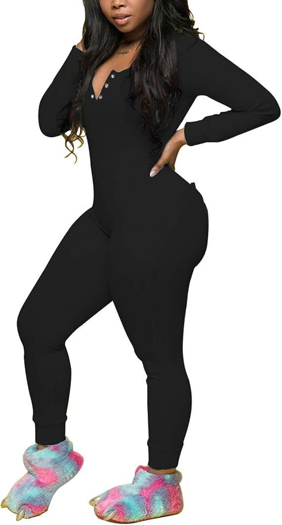 KMBANGI Women's Sexy Deep V Neck Butt Flap Pajamas One Piece Bodycon Rompers Jumpsuit with Drop Seat Plus Size