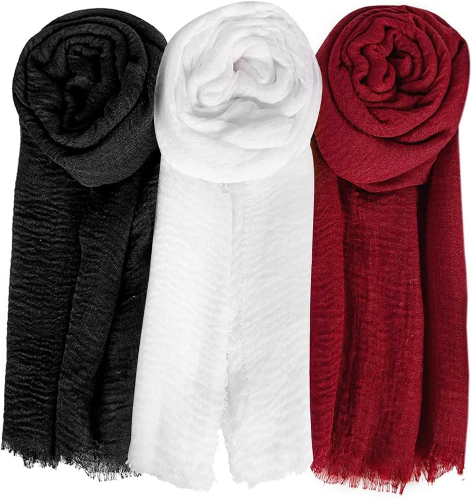 Summer Cotton Blend Crinkle Vintage Soft Scarf with Fringed Edges 35" × 70"