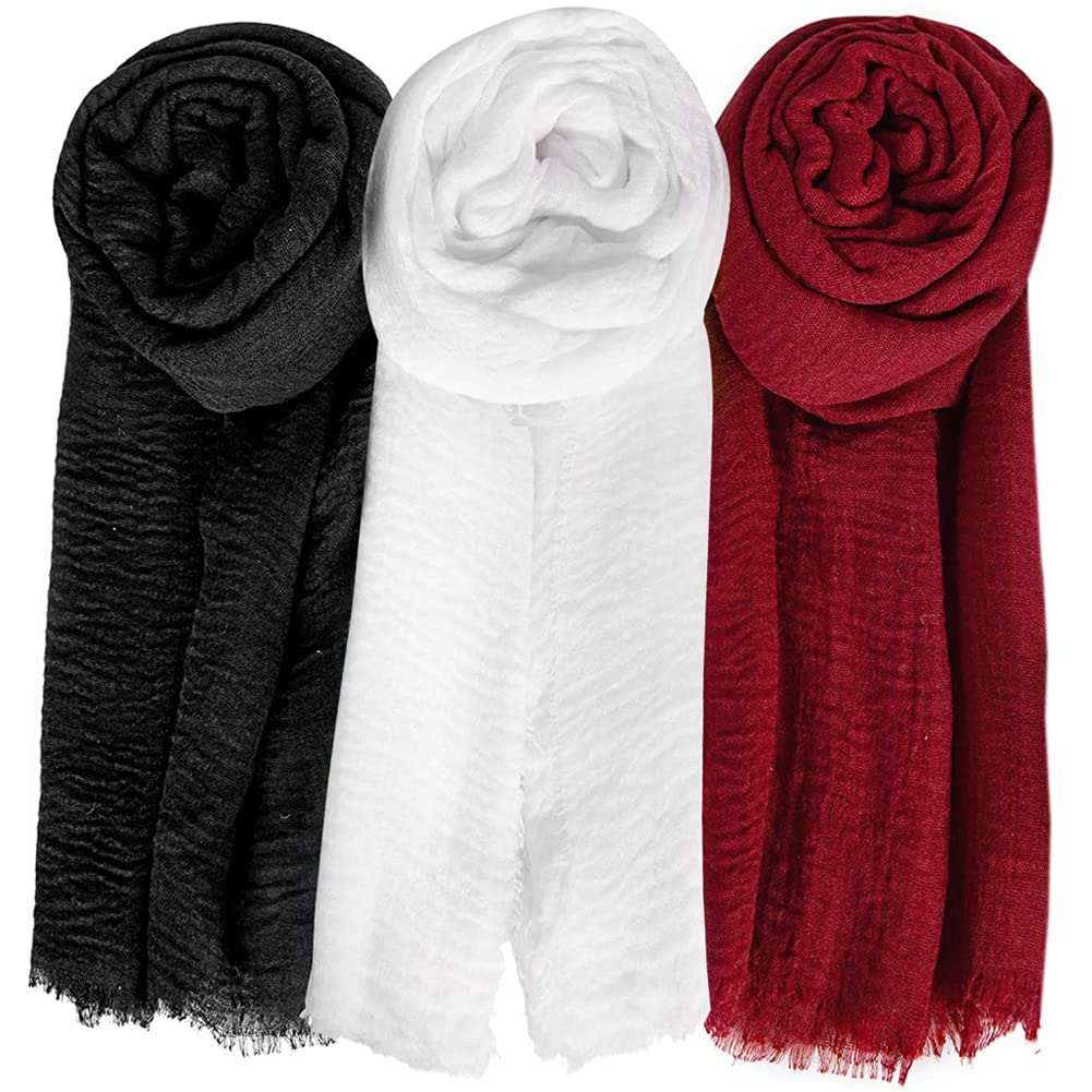 Summer Cotton Blend Crinkle Vintage Soft Scarf with Fringed Edges 35" × 70"