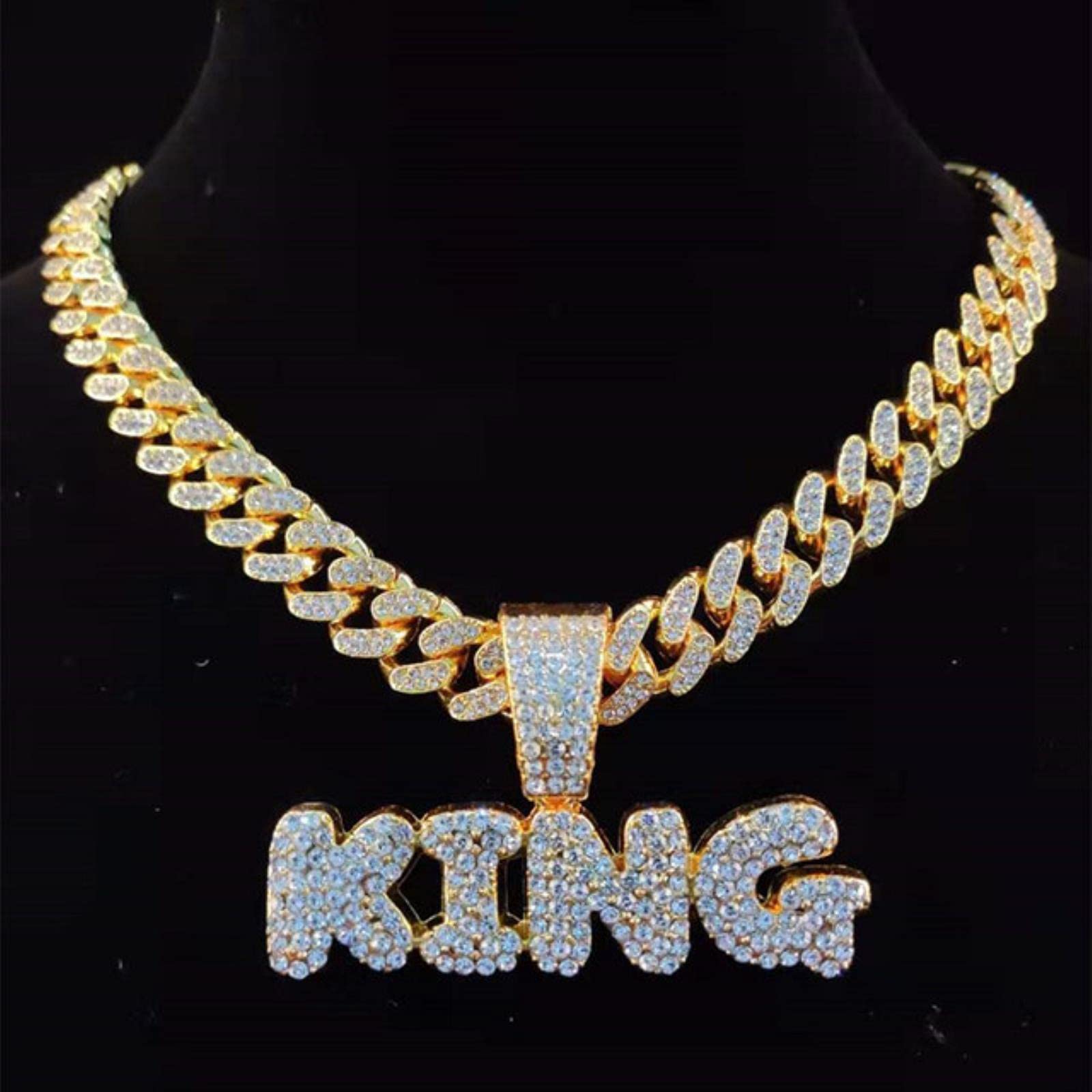 zxcs Men Hip Hop Letters Pendant Necklace with 13mm Miami Cuban Chain Iced Out Bling HipHop Necklaces Male Charm Jewelry-Gold-color,20inch(50cm)