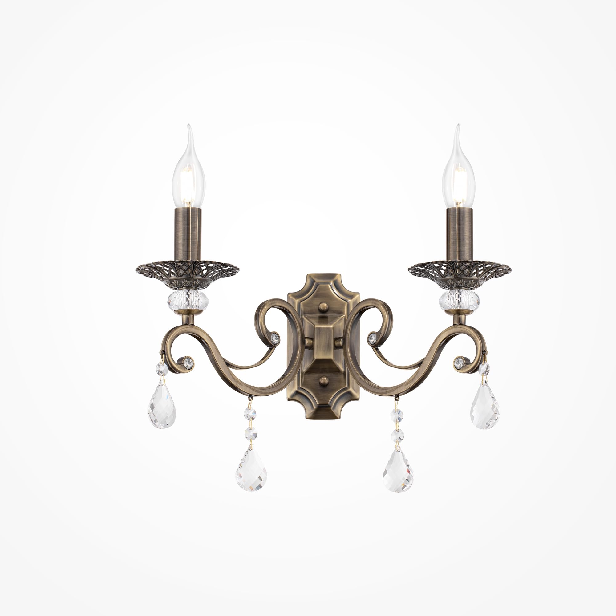 Classico Lampada da Parete, Applique Candelabro, 2 luci, Bronzo antico, pendenti gocce cristallo, Design Classic, per 2 lampadine E14 60W 220-240V non incl