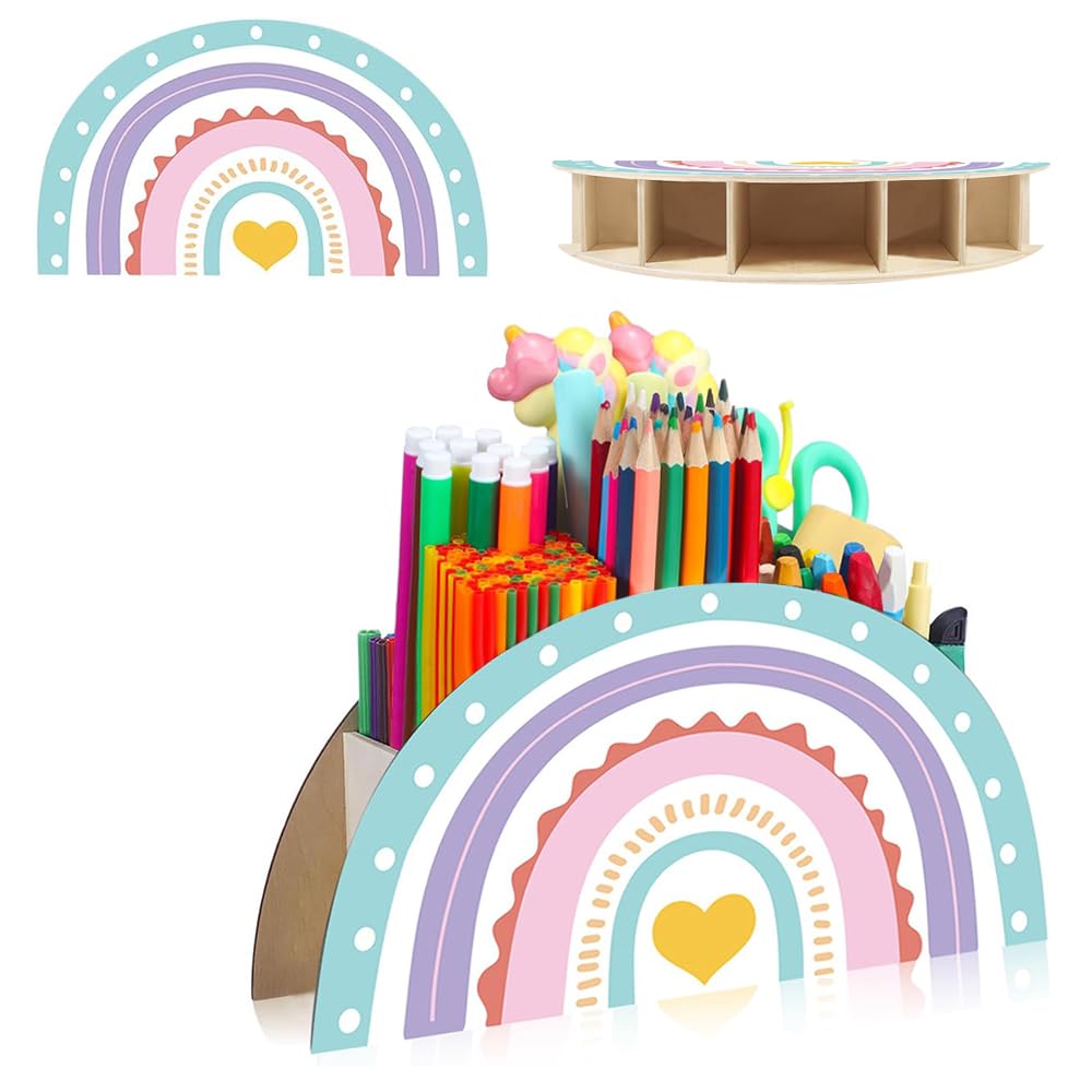 Jiahuade Rainbow Wooden Desk Organizer, Multicolored Pen Holder, Stationery Caddy