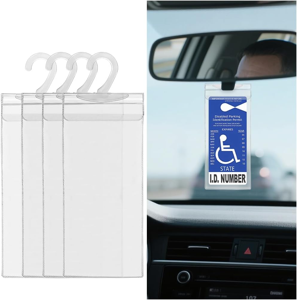 2PCS Car Handicap Placard Holder, Portable Ultra Transparent Vehicle Disabled Parking Permit Protector with Large Hanger, Automotive Handicapped Placard Sleeve, Universal Fit