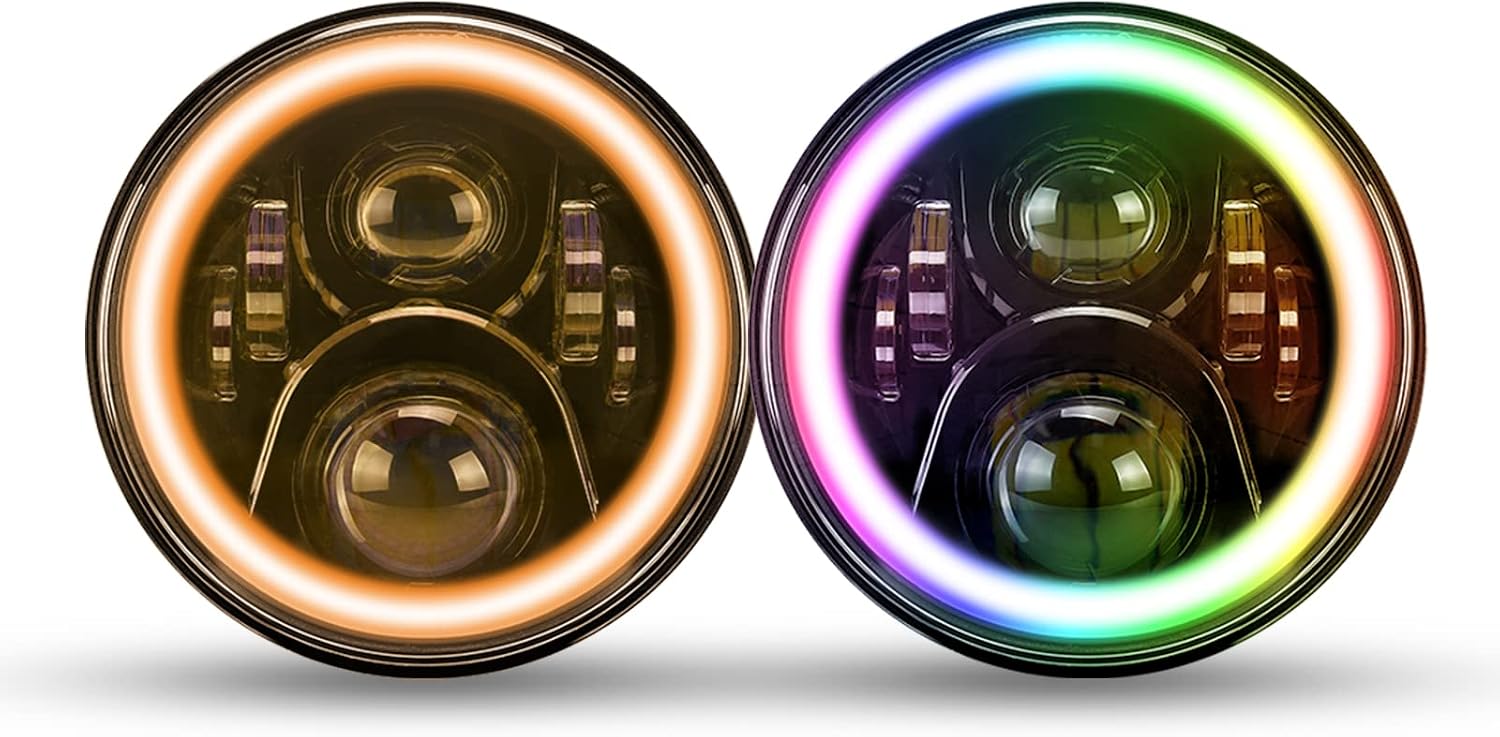 SUPAREE 7” round LED Headlights RGB Halo Angel Eyes with Amber Turn Signal Light 7 inch Control for 1997-2017 Wrangler JK LJ TJ CJ Sahara Sport Rubicon H1 H2