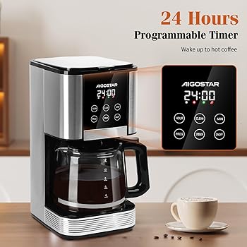 Aigostar Cora - Cafetera de goteo, Programable 24h, 1,5L, Pantalla LCD, Cafetera filtro 14 tazas, Acero inoxidable, 1000W, Ajuste de intensidad, Antigoteo, AutoLimpieza, Mantenimiento de calor, Negro3