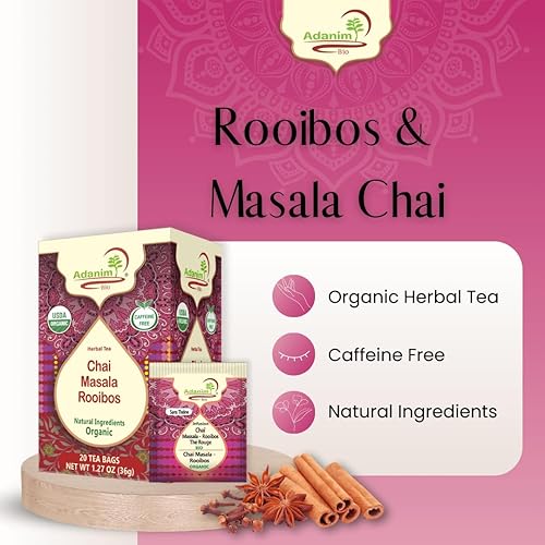 Miniatura 5 de Adanim Bio 20 bolsitas de té Masala Chai Tea, Rooibos Orgánicos y Té Masala Chai India. Sin cafeína para relajación y sueño de calidad