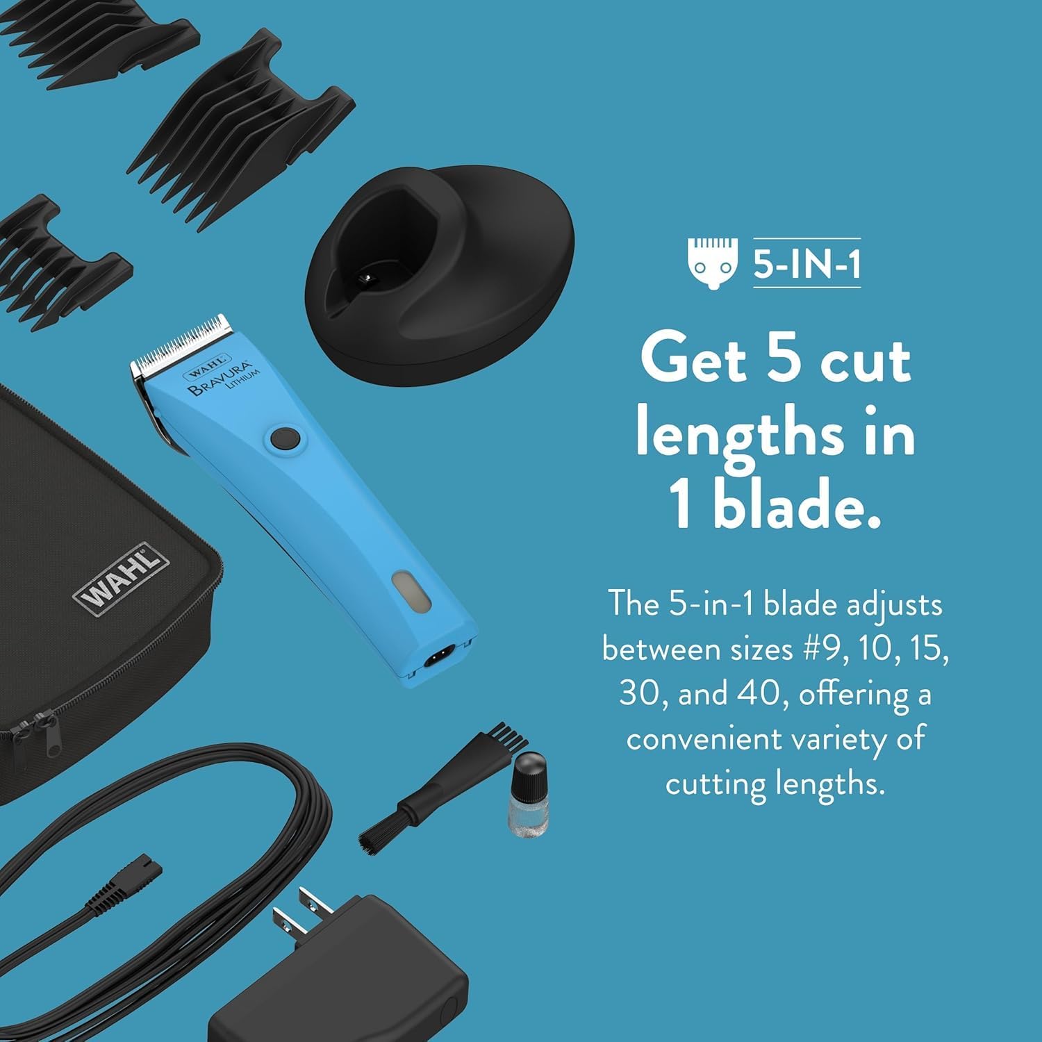 Wahl Professional Animal Bravura Cordless Clipper Kit Turquoise with Stainless Steel Attachment Guide Comb Set