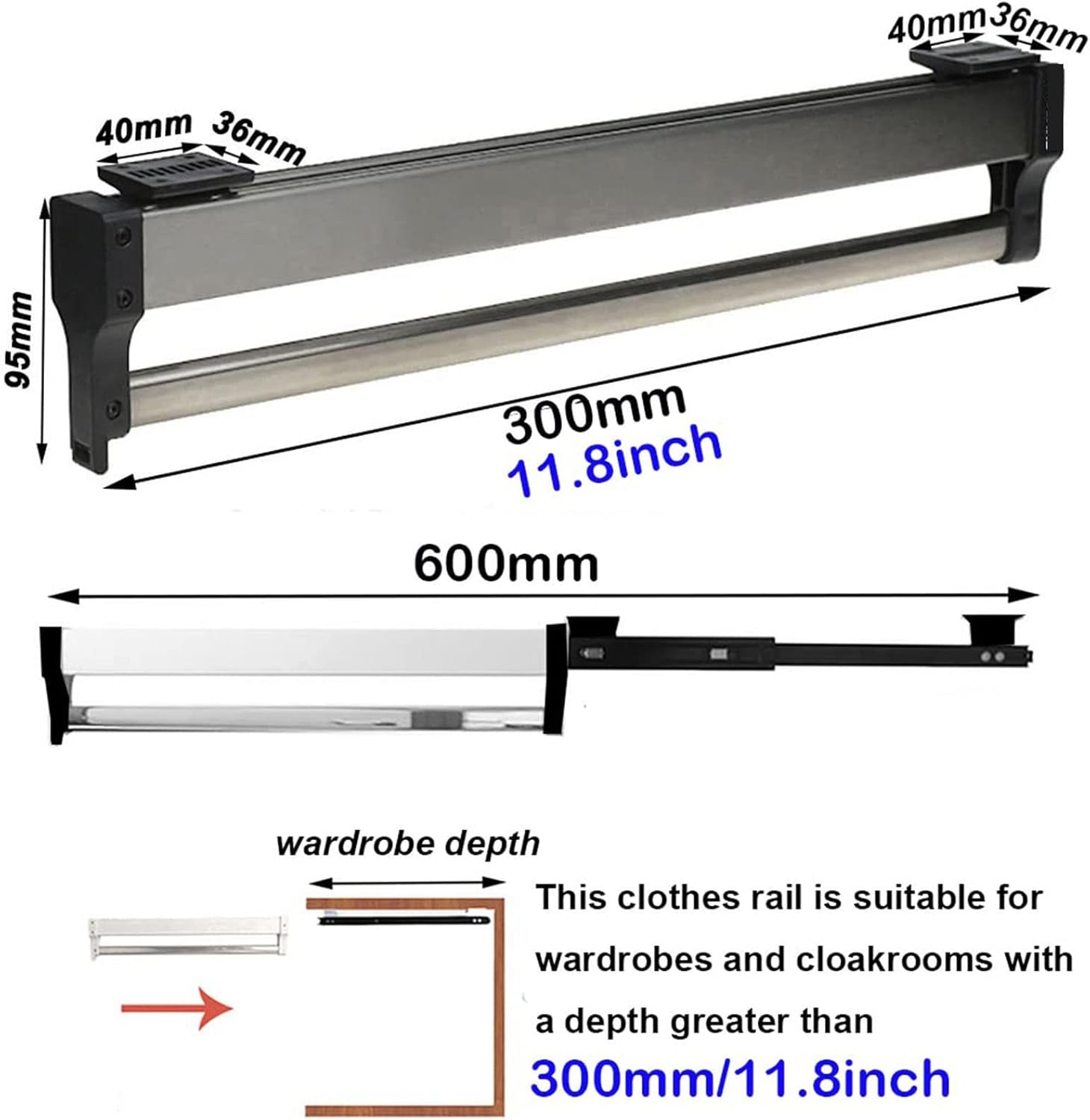 Wardrobe Pull-Out Trousers Rack - Extendable Pull Out Closet Rod, Extendable Closet Rod Pull Out Clothes Hanger Rail Adjustable Wardrobe Clothing Rail (Size : 300MM/11.8INCH)