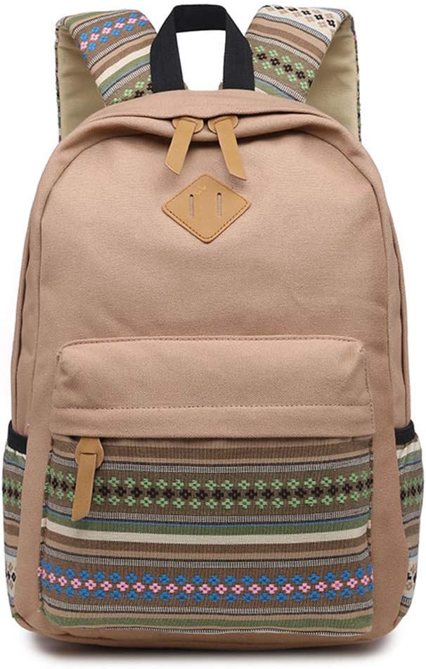 Evay 14 Inch Laptop for Women Vintage College Waterproof School Bags Canvas Multi-Coloured Stripes Rucksack Laptop Rucksack khaki