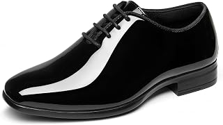 GINNI Boys Black Dress Shoes, Kids Lace-Up Patent & Velvet Tuxedo Oxfords